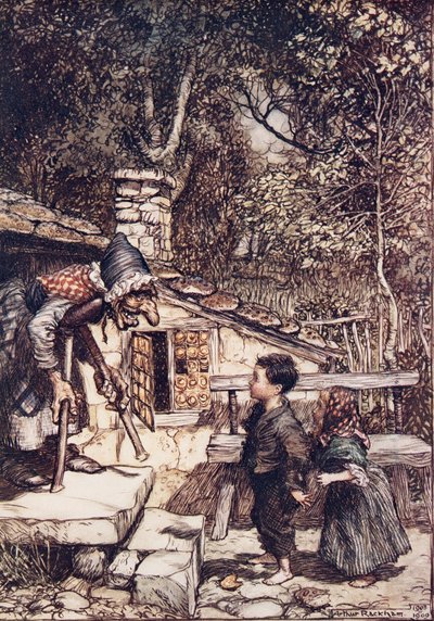 All at Once the Door Opened and an Old, Old Woman, Supporting Herself on a Crutch Came Hobbling Out, from The Fairy Tales of the Brothers Grimm, pub. 1909 by Arthur Rackham